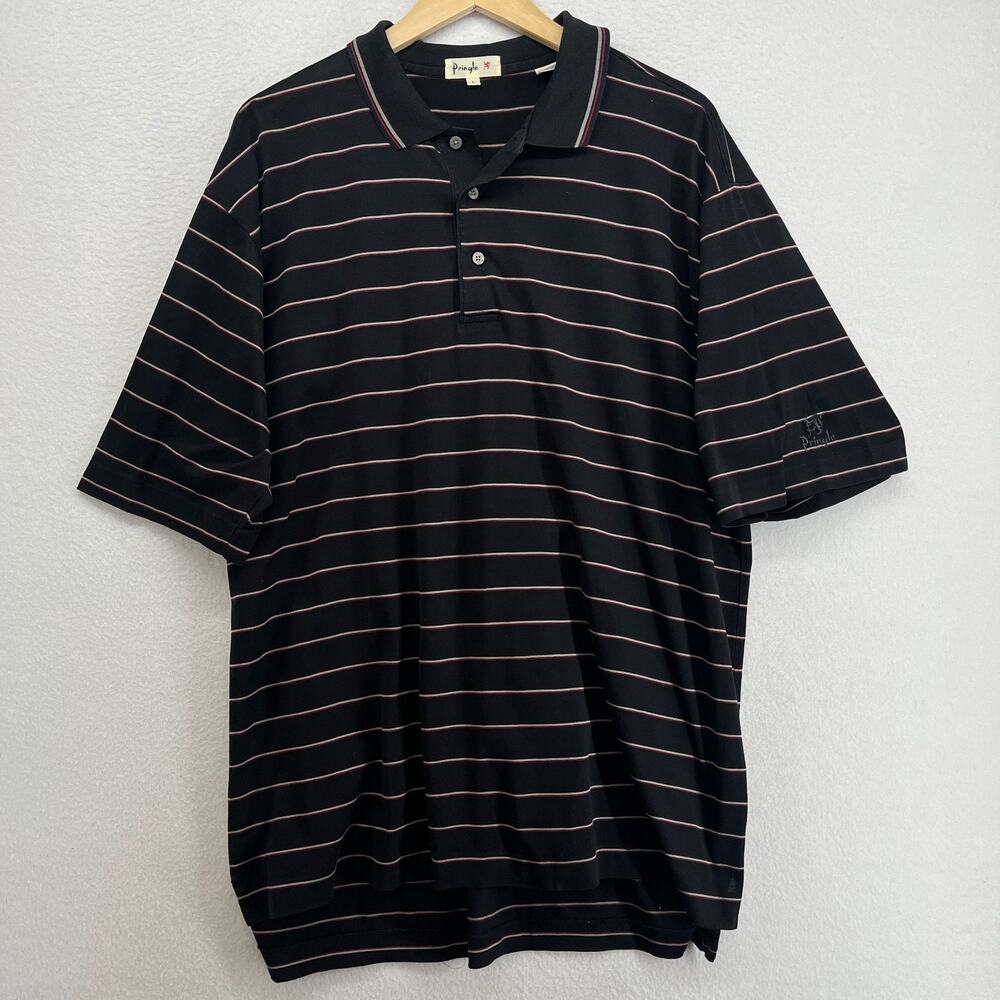 PRINGLE Shirt Mens L Polo Striped Golf Short Sleeve Mercerized Cotton Black